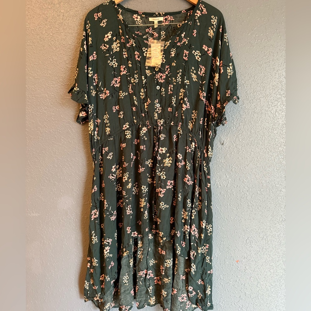 Maurices Teal High Low Midi Dress Pink Floral Design NWT cinch waist
